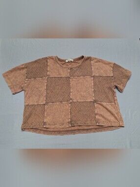 Gilded Intent Brown Acid Wash Checkerboard Crop Tee